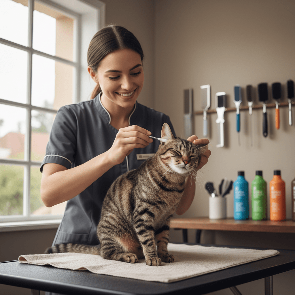 Limpieza profesional de oídos y glándulas en gato