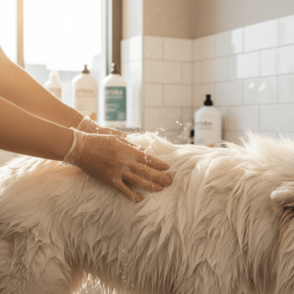 Groomer profesional aplicando Baño Profesional Hidra a perro blanco