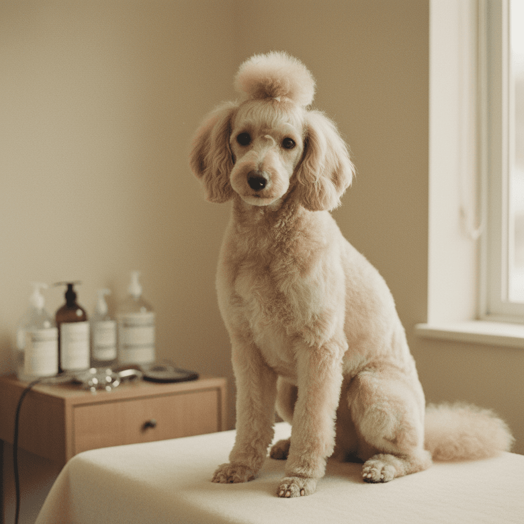 Perro groomed profesionalmente con corte y limpieza de uñas
