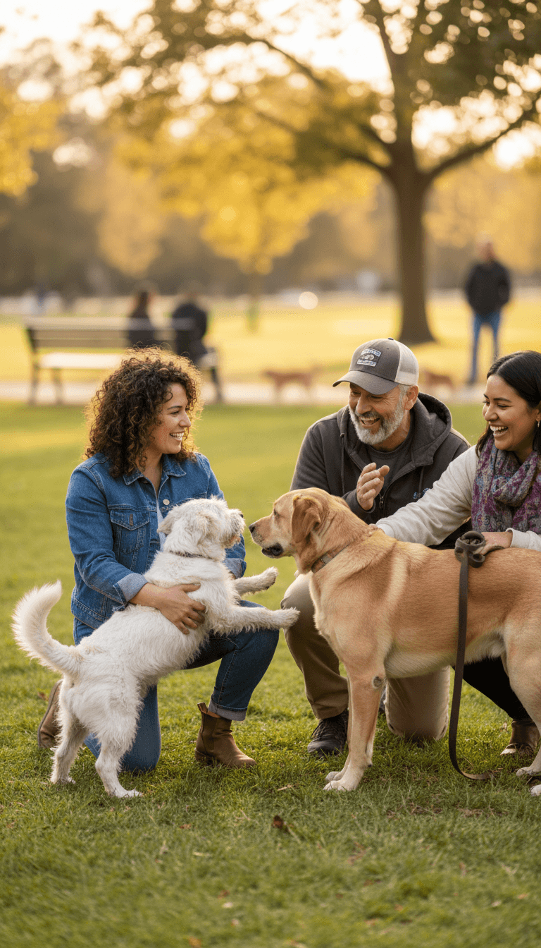 Diverse group of dog owners smiling together at park with various dog breeds, golden-hour lighting