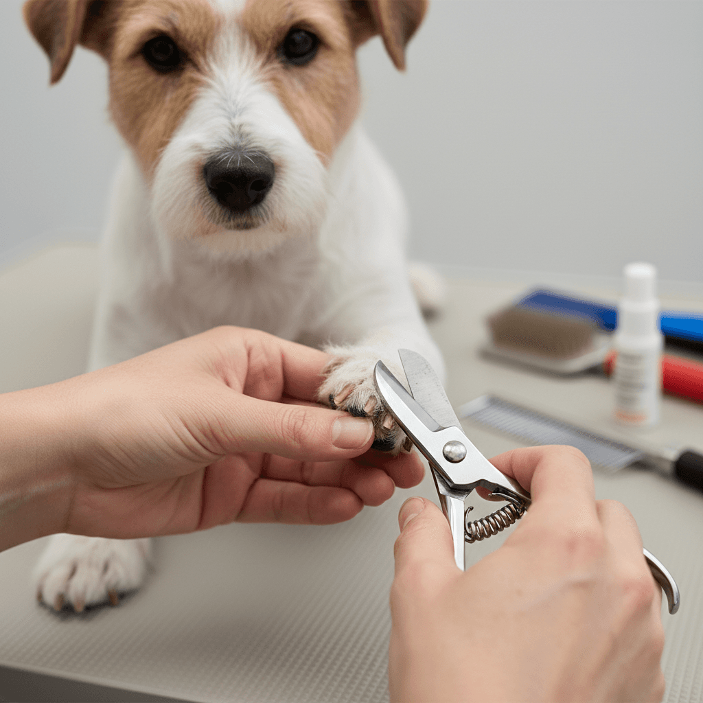 Groomer's hands performing precision nail trimming on small dog's paw with professional clippers and steady technique