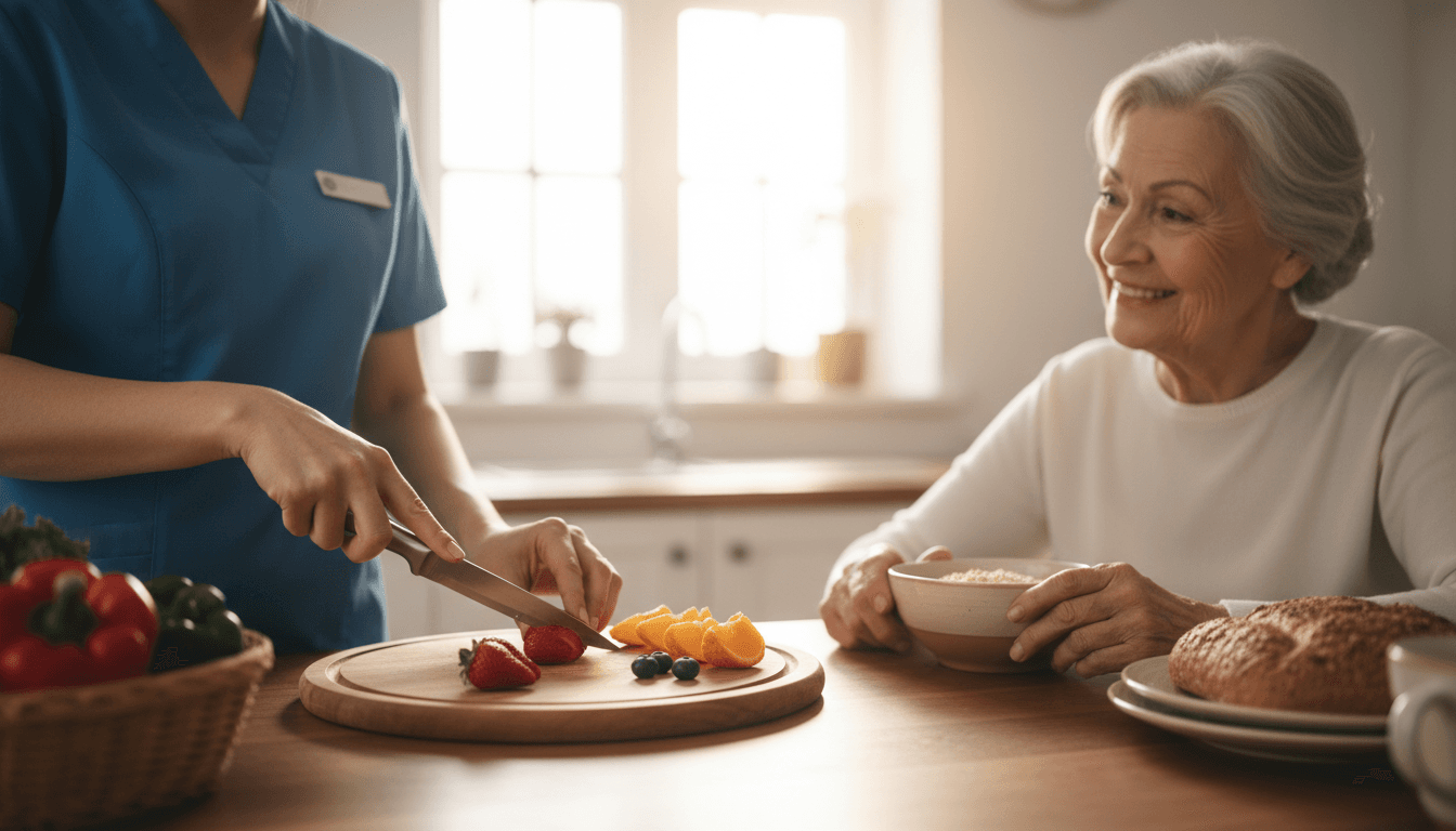 Caregiver assisting elderly woman with fruit preparation in bright kitchen with natural morning light