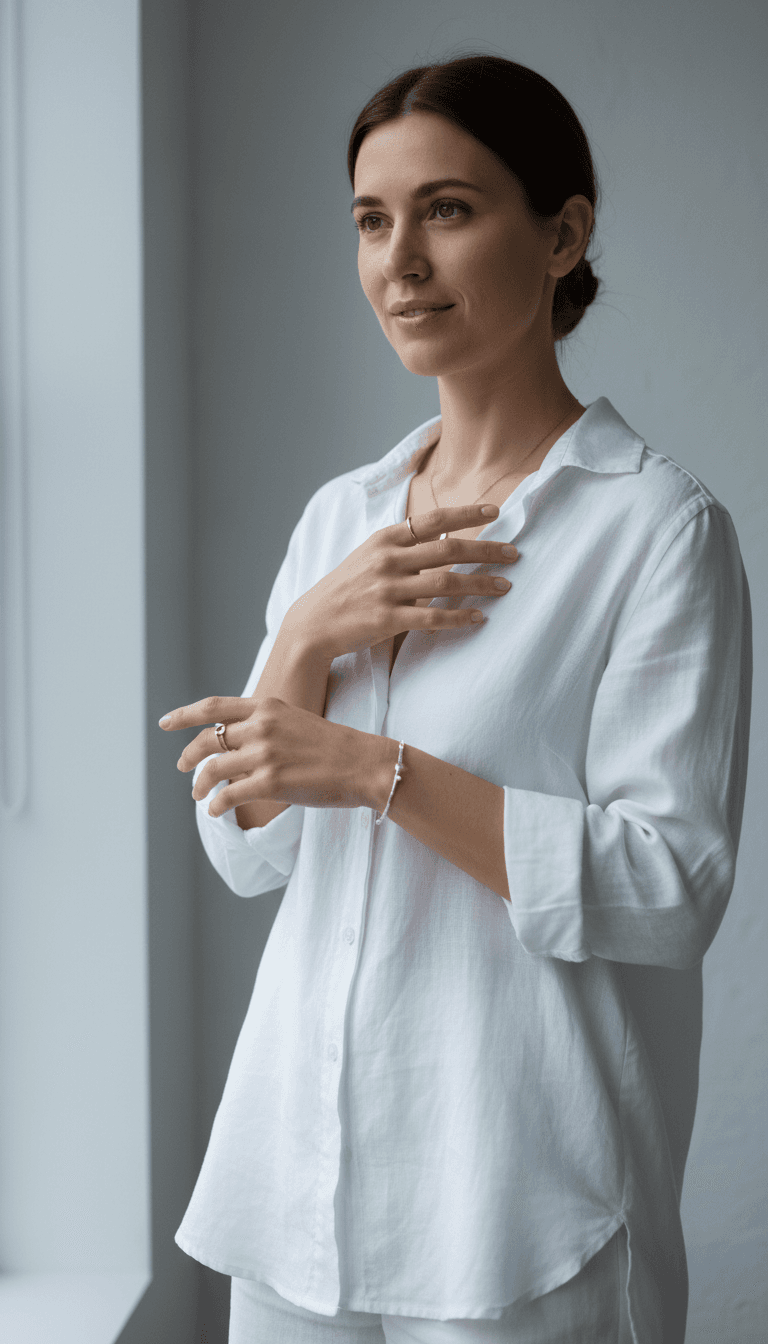 Woman in white linen shirt wearing delicate layered handcrafted jewelry, standing confidently against white wall with soft natural lighting