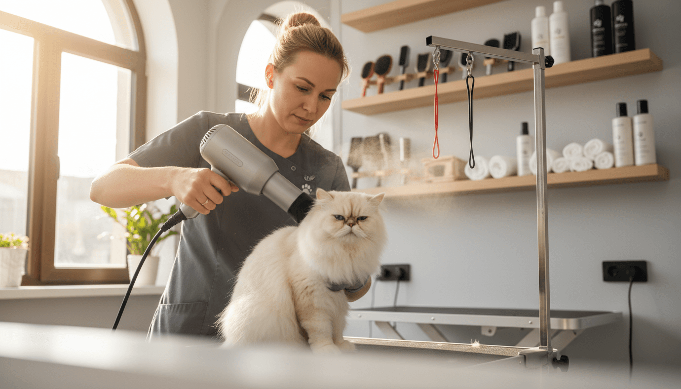 Skilled groomer carefully blow-drying long-haired cat's coat in bright, modern grooming station with organized supplies